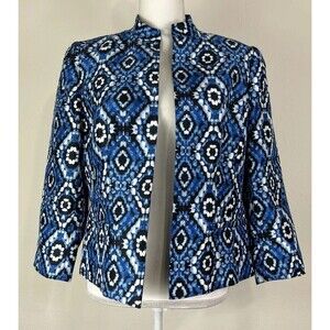 Kasper Cabana Multi Color Geo Print Open Front Mandarin Collar Blazer Size 8